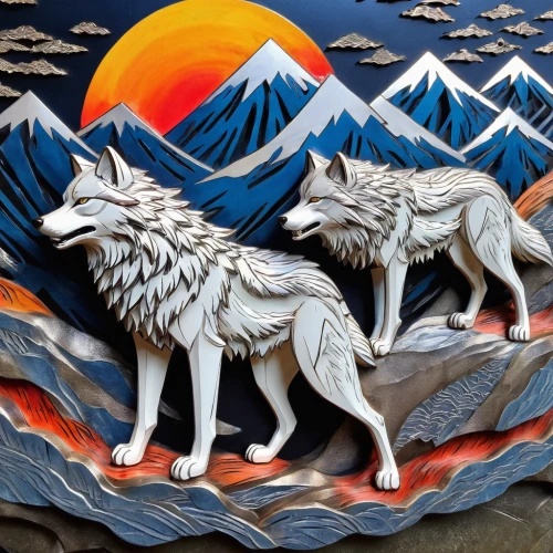 wolves,two wolves,howling wolf,canis lupus,wolf couple,gray wolf,wolf,wood carving,paper art,european wolf,the spirit of the mountains,glass painting,wall painting,mural,constellation wolf,hand-painted,sled dog,rock painting,wolf's milk,wolf hunting,Illustration,Japanese style,Japanese Style 04
