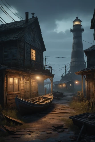 docks,fishing village,harbor,wharf,floating huts,fisherman's house,the waterfront,boat harbor,night scene,croft,waterfront,backwater,concept art,boathouse,boardwalk,fisherman's hut,red lighthouse,boat shed,old port,wooden houses,Illustration,Retro,Retro 22