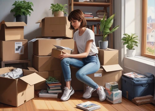 girl studying,bookworm,girl at the computer,shared apartment,packing materials,moving boxes,boxes,books pile,the girl studies press,bookstore,sci fiction illustration,an apartment,apartment,coffee and books,packages,books,pile of books,book store,parcels,girl sitting,Conceptual Art,Sci-Fi,Sci-Fi 21