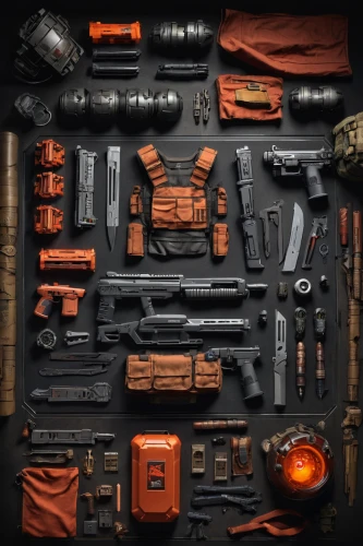 paintball equipment,gunsmith,collected game assets,disassembled,components,weapons,halloween icons,kit,halloween pumpkin gifts,ammunition belt,drill accessories,halloween background,inventory,flat lay,district 9,mobile video game vector background,toolbox,vector infographic,tools,airsoft gun,Unique,Design,Knolling
