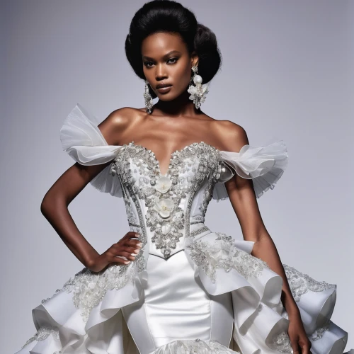 bridal clothing,wedding gown,wedding dresses,bridal dress,wedding dress train,wedding dress,bridal party dress,ball gown,tiana,evening dress,bridal,bridal accessory,quinceanera dresses,dress form,overskirt,hoopskirt,african american woman,debutante,white silk,haute couture,Photography,General,Realistic