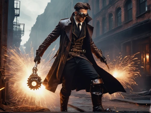 steampunk,man holding gun and light,clockmaker,watchmaker,sci fiction illustration,frock coat,magician,game illustration,gunfighter,dodge warlock,scythe,overcoat,clockwork,cg artwork,play escape game live and win,cordwainer,wick,trench coat,the doctor,gunsmith,Illustration,Black and White,Black and White 23