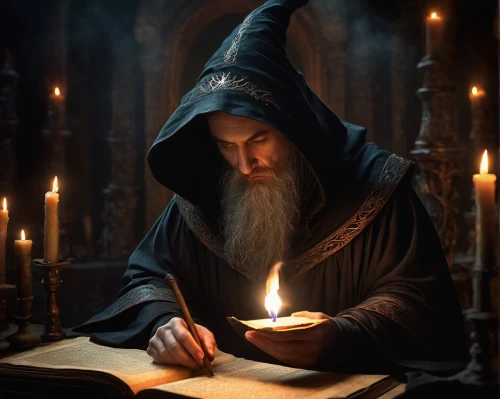 archimandrite,the abbot of olib,candlemaker,hieromonk,candlemas,benediction of god the father,divination,wizard,orthodoxy,prayer book,magus,magic grimoire,carmelite order,spell,the wizard,black candle,gandalf,candle wick,scholar,lord who rings,Illustration,Abstract Fantasy,Abstract Fantasy 06