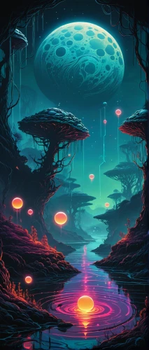 mushroom landscape,futuristic landscape,alien world,mushroom island,alien planet,acid lake,ufo interior,sci fiction illustration,fantasy landscape,scifi,ufo,mushrooms,lunar landscape,ufos,lagoon,sci fi,sci-fi,sci - fi,underground lake,space art,Illustration,Realistic Fantasy,Realistic Fantasy 25