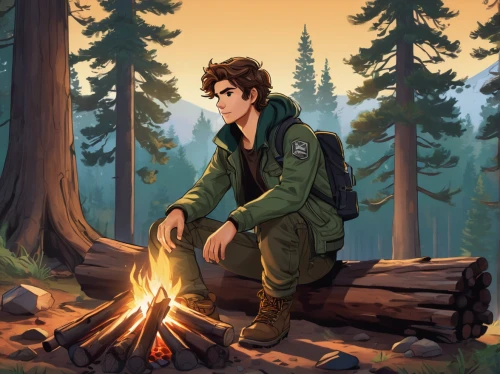 green jacket,sugar pine,campfire,star-lord peter jason quill,pines,river pines,camp fire,cg artwork,campfires,pine,game illustration,pine green,lumberjack,forest man,scout,fire background,scouts,wilderness,free wilderness,jacket,Illustration,Japanese style,Japanese Style 07