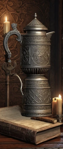 cauldron,storage-jar,music chest,incense with stand,nightstand,oil lamp,incense burner,lectern,magic grimoire,treasure chest,apothecary,medieval hourglass,cooking pot,coffee grinder,wood-burning stove,knight pulpit,stone lamp,gavel,collected game assets,urn,Conceptual Art,Fantasy,Fantasy 23