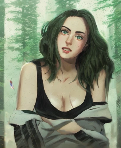 forest clover,fantasy portrait,croft,dryad,in the forest,digital painting,poison ivy,forest background,emerald,portrait background,rusalka,fae,girl portrait,green summer,green eyes,sycamore,malachite,green forest,elven,game illustration,Common,Common,Japanese Manga
