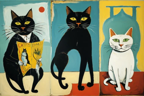 vintage cats,cat family,cats,oriental shorthair,felines,cattles,cat lovers,stray cats,anthropomorphized animals,domestic cat,cat image,vintage cat,two cats,cat's cafe,whimsical animals,cat drawings,the animals,cat frame,the cat,three friends,Art,Artistic Painting,Artistic Painting 51