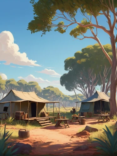 campsite,farmstead,campground,backgrounds,elephant camp,huts,an island far away landscape,home landscape,landscape background,homestead,pony farm,druid grove,river pines,seaside country,concept art,game illustration,cartoon video game background,sossusvlei,resort town,rural landscape,Illustration,Retro,Retro 22