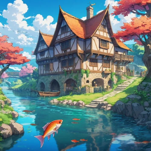 studio ghibli,fisherman's house,house by the water,house with lake,fantasy landscape,aqua studio,summer cottage,house of the sea,fishing float,fairy village,knight village,cottage,fishing classes,3d fantasy,water mill,world digital painting,fantasy picture,home landscape,koi pond,little house,Illustration,Japanese style,Japanese Style 03
