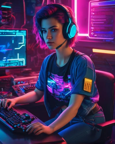 girl at the computer,operator,cyberpunk,lan,headset,80s,retro girl,gamer,tracer,cyber,symetra,neon,retro woman,computer freak,gaming,night administrator,nova,streamer,retro look,nora,Conceptual Art,Sci-Fi,Sci-Fi 27