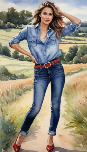 woman walking,jeans background,sprint woman,girl walking away,female runner,painting technique,farm girl,girl in overalls,pedestrian,travel woman,farmer,girl in a long,countrygirl,a pedestrian,farm background,walking,artistic roller skating,advertising figure,oil painting on canvas,woman free skating,Illustration,Paper based,Paper Based 24