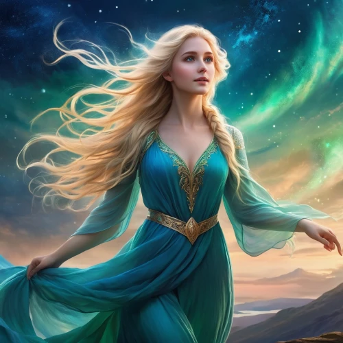 celtic woman,elsa,fantasy woman,aurora,fantasy picture,green aurora,heroic fantasy,fantasy art,celtic queen,fantasy portrait,the snow queen,show off aurora,blue enchantress,fantasia,the enchantress,auroras,zodiac sign libra,virgo,the zodiac sign pisces,elven,Illustration,Realistic Fantasy,Realistic Fantasy 01