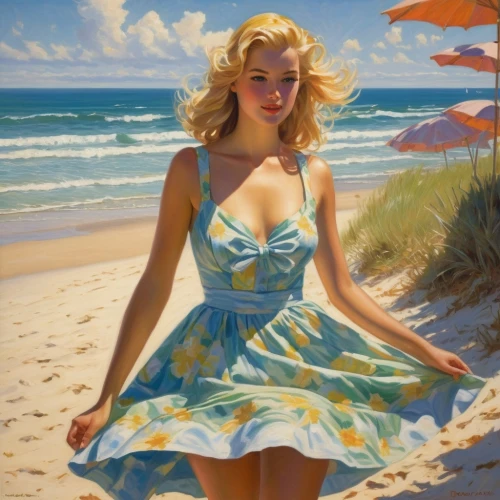 blonde woman,beach landscape,retro pin up girl,pin-up girl,pinup girl,sea breeze,girl in a long dress,beach background,a girl in a dress,the sea maid,young woman,oil painting,beach scenery,marylyn monroe - female,pin up girl,carol m highsmith,pin-up model,girl on the dune,by the sea,pin-up,Illustration,Realistic Fantasy,Realistic Fantasy 03