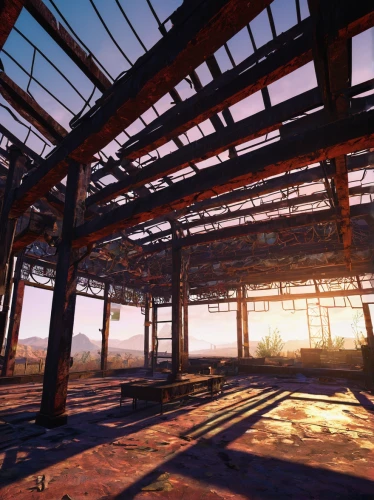 industrial hall,industrial ruin,empty factory,greenhouse,warehouse,industrial landscape,freight depot,pripyat,factory hall,hangar,abandoned factory,mining facility,factories,industrial building,ship yard,industrial plant,daylighting,wasteland,industrial area,metal rust,Illustration,Abstract Fantasy,Abstract Fantasy 20