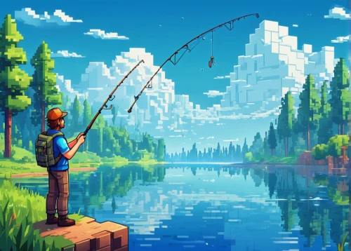 fishing,fishing classes,fishing rod,pixel art,fishing float,people fishing,casting (fishing),fisherman,big-game fishing,angler,fishing camping,go fishing,rock fishing,fishing gear,fly fishing,forest fish,recreational fishing,angling,types of fishing,fisher,Illustration,Vector,Vector 21