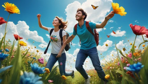 flying dandelions,girl and boy outdoor,flower background,dandelion flying,spring background,image manipulation,photoshop manipulation,digital compositing,children's background,springtime background,photo manipulation,picture design,web banner,young couple,dandelions,picking flowers,love in air,flower wall en,photoshop creativity,field of flowers,Photography,Artistic Photography,Artistic Photography 05