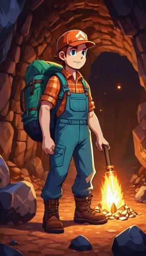 miner,adventurer,mountain guide,caving,dipper,mechanic,plumber,game illustration,adventure game,brick-kiln,blacksmith,action-adventure game,chasm,cave tour,miners,mining,stone background,refinery,builder,pit cave,Conceptual Art,Fantasy,Fantasy 29