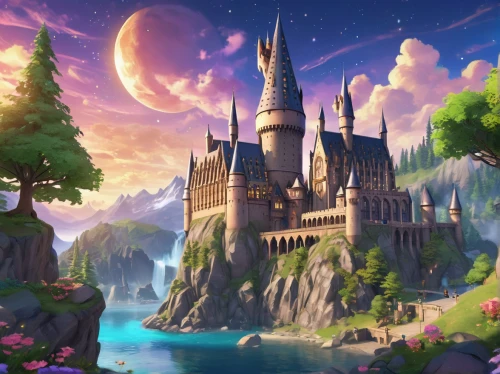 hogwarts,fairy tale castle,fantasy landscape,fairytale castle,fantasy world,fantasy city,fantasy picture,castle of the corvin,knight's castle,a fairy tale,fairy world,magical adventure,sleeping beauty castle,fairy tale,3d fantasy,fairytale,disney castle,cinderella's castle,cartoon video game background,dream world,Illustration,Japanese style,Japanese Style 02