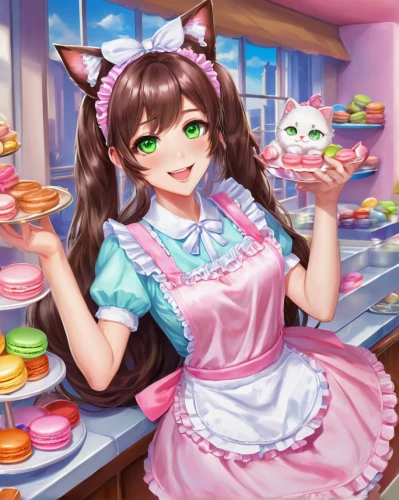 tea party cat,cupcake background,doll kitchen,cat's cafe,mikuru asahina,bakery,confectioner,honmei choco,fondant,waitress,miku maekawa,tea party collection,macaron,pastry shop,cake shop,cocoa,cup cake,sugar pie,doll cat,girl in the kitchen,Conceptual Art,Oil color,Oil Color 22