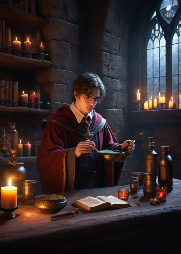 potions,candlemaker,scholar,magic book,hogwarts,potter,tutoring,wizardry,potter's wheel,apothecary,candle wick,potion,tutor,bookworm,librarian,cg artwork,harry potter,divination,children studying,tinsmith,Illustration,Paper based,Paper Based 21