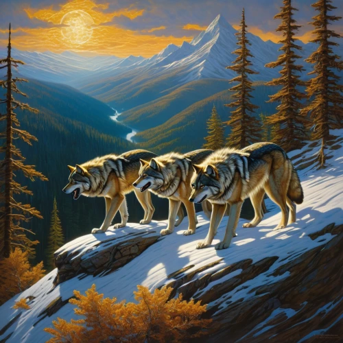 wolves,wolf pack,two wolves,howling wolf,wolf hunting,hunting dogs,canis lupus,wolf couple,guards of the canyon,fantasy picture,oil painting on canvas,huskies,mountain scene,lionesses,oil painting,werewolves,fantasy art,landscape background,european wolf,dog sled,Illustration,Realistic Fantasy,Realistic Fantasy 03