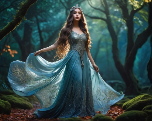 fantasy picture,blue enchantress,faerie,celtic woman,faery,the enchantress,fairy queen,fantasy art,fantasy portrait,girl in a long dress,mystical portrait of a girl,fairy tale character,dryad,celtic queen,fantasy woman,elven forest,elven,sorceress,enchanting,rusalka,Illustration,Abstract Fantasy,Abstract Fantasy 08