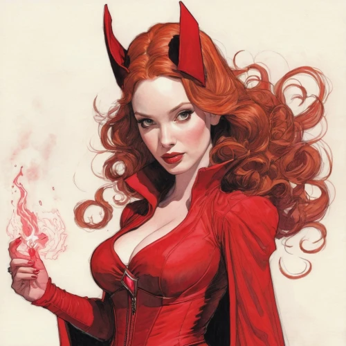 scarlet witch,fire devil,devil,firestar,red smoke,wanda,cigarette girl,fire angel,fire siren,lady in red,red super hero,evil woman,fantasy woman,fiery,fire-eater,red chief,shades of red,black widow,red double,sorceress,Illustration,Paper based,Paper Based 17