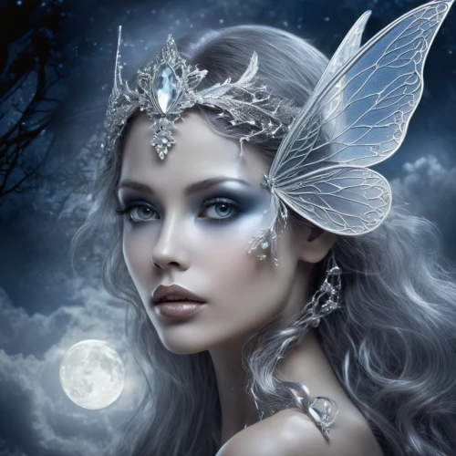 faerie,faery,fairy queen,blue enchantress,fantasy art,queen of the night,the enchantress,fantasy picture,blue butterfly,fantasy portrait,the snow queen,blue moon rose,fantasy woman,evil fairy,fairy tale character,fairy,silvery blue,sorceress,moonflower,dark angel,Illustration,Realistic Fantasy,Realistic Fantasy 02