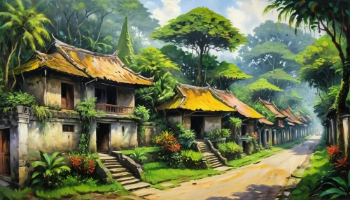 vietnam,wooden houses,traditional village,village scene,hanoi,villages,southeast asia,chiang mai,home landscape,vietnam's,village life,ubud,mountain village,bali,vietnam vnd,rural landscape,cambodia,kerala,cottages,nước chấm,Art,Artistic Painting,Artistic Painting 04