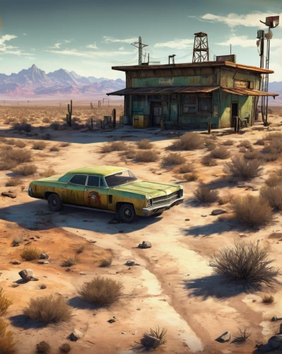 route 66,route66,wasteland,pioneertown,barstow,mojave,fallout4,bonneville,area 51,fallout,the desert,mojave desert,ghost town,wild west,auto repair shop,station wagon-station wagon,desert safari,car hop,truck stop,retro vehicle,Illustration,Vector,Vector 07