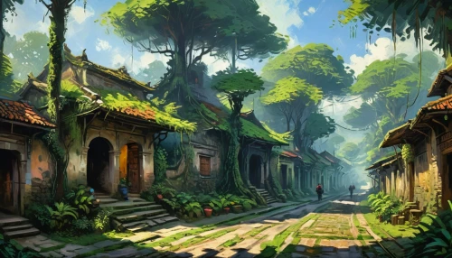 vietnam,ancient city,cambodia,chiang mai,druid grove,hanoi,angkor,fantasy landscape,villages,pathway,the mystical path,forest path,thai temple,bali,ancient house,mountain settlement,maya city,fairy village,world digital painting,home landscape,Art,Artistic Painting,Artistic Painting 04
