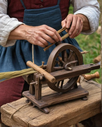 wood shaper,wooden wheel,wooden cable reel,potter's wheel,woodworker,straw press,wooden spool,wooden spinning top,old wooden wheel,hand tool,woodworking,a carpenter,lathe,block plane,wood tool,basket maker,wooden toy,metalworking hand tool,metal lathe,sewing tools,Illustration,Realistic Fantasy,Realistic Fantasy 18