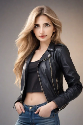 social,leather jacket,jeans background,portrait background,female model,denim background,cool blonde,blonde woman,attractive woman,art model,women clothes,realdoll,black leather,high jeans,jeans,photographic background,leather,beautiful young woman,female hollywood actress,photo model,Photography,Natural