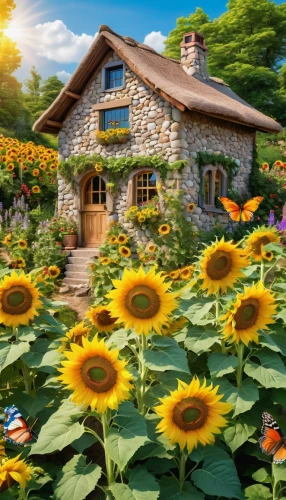 yellow garden,cottage garden,sunflower field,summer cottage,home landscape,country cottage,sunflower coloring,sunflowers,beautiful home,flower garden,sun flowers,garden buildings,country house,splendor of flowers,nature garden,the garden marigold,sunflower seeds,sunflower paper,sunflowers in vase,bee farm,Photography,General,Realistic