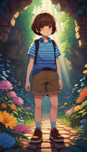 chara,studio ghibli,wander,tunnel of plants,exploration,magical adventure,adventure game,forest walk,forget-me-not,child in park,wishing well,wonderland,dandelion hall,nature trail,hiker,to the garden,forest clover,adventurer,walk in a park,springtime background,Illustration,Japanese style,Japanese Style 16