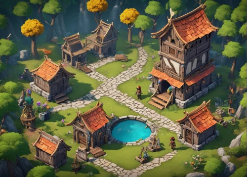 tavern,wishing well,resort town,knight village,druid grove,water mill,fairy village,ancient house,game illustration,medieval town,alpine village,treasure house,development concept,spa town,ancient city,collected game assets,mountain settlement,small house,escher village,summer cottage,Unique,Design,Knolling