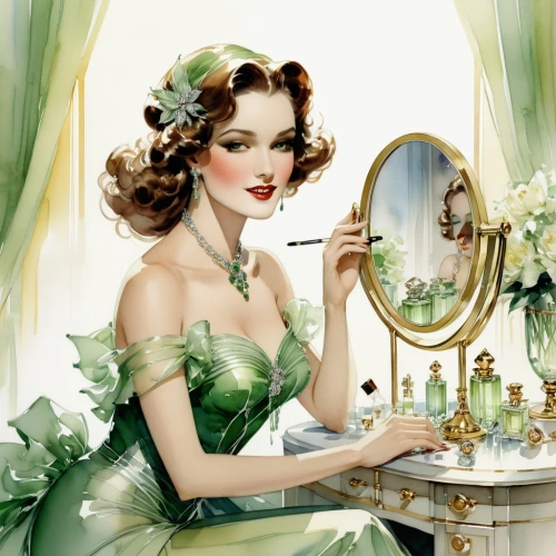 makeup mirror,vintage makeup,women's cosmetics,dressing table,absinthe,cosmetic products,beauty room,vintage fairies,vintage women,vintage illustration,vintage woman,pin ups,vintage china,natural cosmetics,art deco wreaths,perfumes,magic mirror,beauty salon,art deco woman,twenties women,Photography,General,Realistic