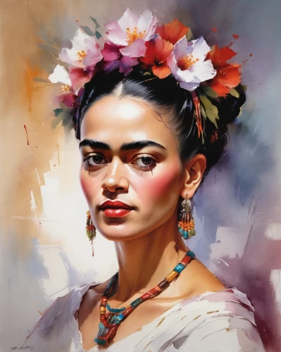 frida,boho art,moana,polynesian girl,girl in flowers,balinese,flower painting,digital painting,fantasy portrait,girl portrait,world digital painting,woman portrait,beautiful girl with flowers,headdress,mystical portrait of a girl,inka,maori,portrait of a girl,girl in a wreath,art painting,Conceptual Art,Oil color,Oil Color 03