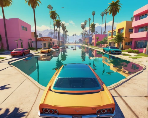 classic car and palm trees,car hop,rose drive,street canyon,colorful city,gulf,summer background,topdown,diamond lagoon,parking spot,seaside resort,south beach,3d car wallpaper,lagoon,retro styled,parking lot,parking place,yellow car,boulevard,beverly hills,Illustration,Vector,Vector 19