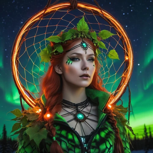 green aurora,celtic queen,faery,faerie,green wreath,fae,celtic tree,aurora butterfly,celtic woman,anahata,dryad,the enchantress,aurora,fantasy portrait,wind rose,druid,dream catcher,poison ivy,girl in a wreath,dreamcatcher,Photography,General,Realistic