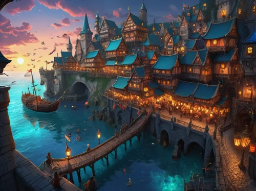 fantasy city,fantasy landscape,fantasy world,harbor,sea fantasy,water castle,fantasy picture,3d fantasy,fantasy art,house of the sea,fishing village,city moat,underwater playground,waterglobe,aurora village,ancient city,atlantis,waterfront,imperial shores,boat harbor,Illustration,Realistic Fantasy,Realistic Fantasy 19