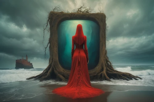 root chakra,red cape,mirror of souls,red gown,photomanipulation,fantasy picture,red sea,tour to the sirens,man in red dress,conceptual photography,red riding hood,fantasy art,priestess,photo manipulation,magic mirror,red matrix,keyhole,surrealism,scarlet sail,red coat,Photography,Artistic Photography,Artistic Photography 04