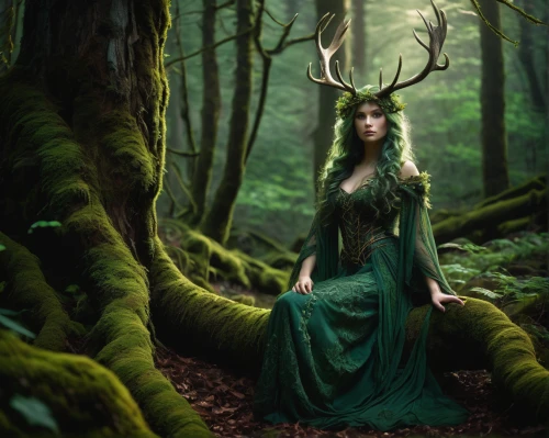 dryad,elven forest,the enchantress,faerie,faery,elven,enchanted forest,celtic queen,forest animal,fairy forest,druid,fairy queen,fantasy picture,forest of dreams,fae,green forest,mother nature,faun,wood elf,ballerina in the woods,Illustration,American Style,American Style 06