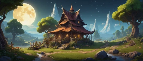 fairy house,witch's house,fairy chimney,druid grove,house in the forest,fantasy landscape,devilwood,treehouse,mountain settlement,fairy village,little house,tree house,mushroom landscape,lonely house,home landscape,fairy tale castle,knight village,fantasy picture,wooden hut,wishing well,Conceptual Art,Daily,Daily 05