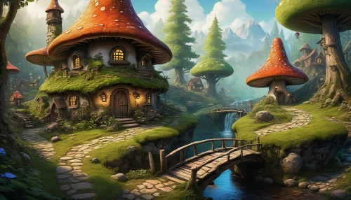 mushroom landscape,fairy village,scandia gnomes,fairy chimney,fairy house,fantasy landscape,mushroom island,gnomes,fairy world,fairy forest,fairytale forest,fairy tale castle,wonderland,gnomes at table,scandia gnome,house in the forest,druid grove,enchanted forest,tree house,elven forest,Illustration,Realistic Fantasy,Realistic Fantasy 33