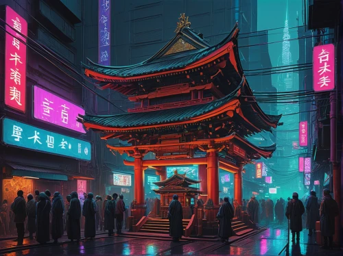 taipei,shanghai,tokyo,hong kong,hanoi,chinatown,neon arrows,tokyo city,kowloon,cyberpunk,neon ghosts,kyoto,hong,hk,china,neon,world digital painting,colorful city,vapor,chinese temple,Conceptual Art,Daily,Daily 30