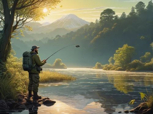 fly fishing,big-game fishing,world digital painting,people fishing,fisherman,casting (fishing),fishing,fishing classes,fishing camping,fishing float,angler,landscape background,painting technique,angling,the river's fish and,digital painting,nature and man,recreational fishing,game illustration,river landscape,Art,Artistic Painting,Artistic Painting 50