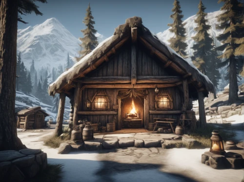 nordic christmas,alpine village,winter village,log cabin,lodge,skyrim,winter house,blackhouse,northrend,wooden hut,small cabin,collected game assets,the cabin in the mountains,advent market,thermokarst,witcher,mountain settlement,chalet,wood doghouse,log home,Conceptual Art,Fantasy,Fantasy 01