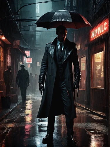 man with umbrella,detective,overcoat,film noir,black city,sherlock,spy visual,mafia,blind alley,holmes,sherlock holmes,black businessman,the pandemic,pandemic,trench coat,cyberpunk,spy-glass,private investigator,a black man on a suit,daredevil,Illustration,Abstract Fantasy,Abstract Fantasy 19